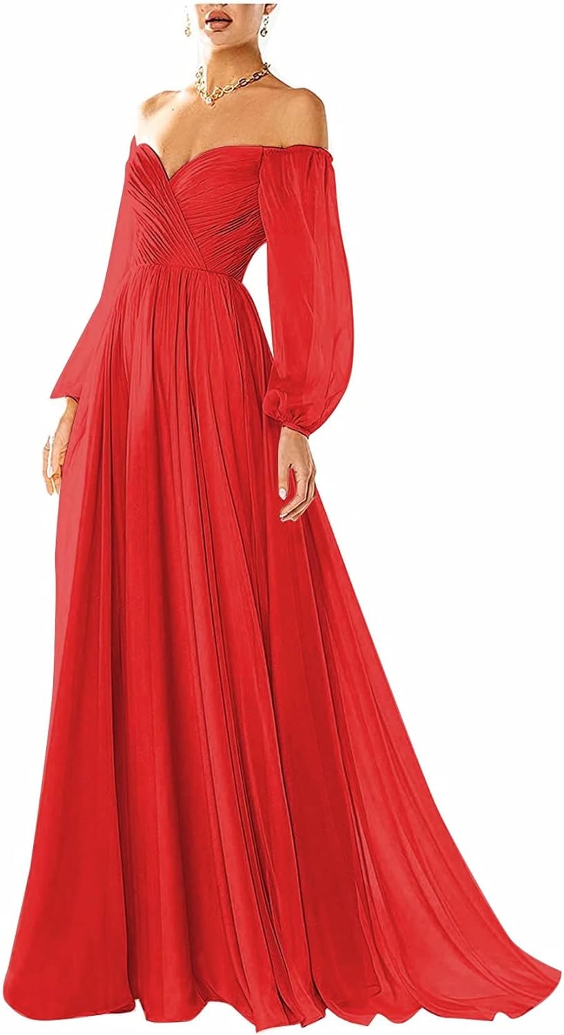Vestido de fiesta con hombros descubiertos, manga larga, estilo formal, plisado, corte A, para mujer