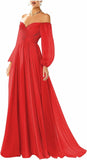 Vestido de fiesta con hombros descubiertos, manga larga, estilo formal, plisado, corte A, para mujer