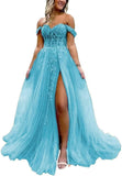 Off The Shoulder Tulle Prom Dress with Laces Applique A-line Slit Long Ball Gowns Glitter Formal Evening Dress