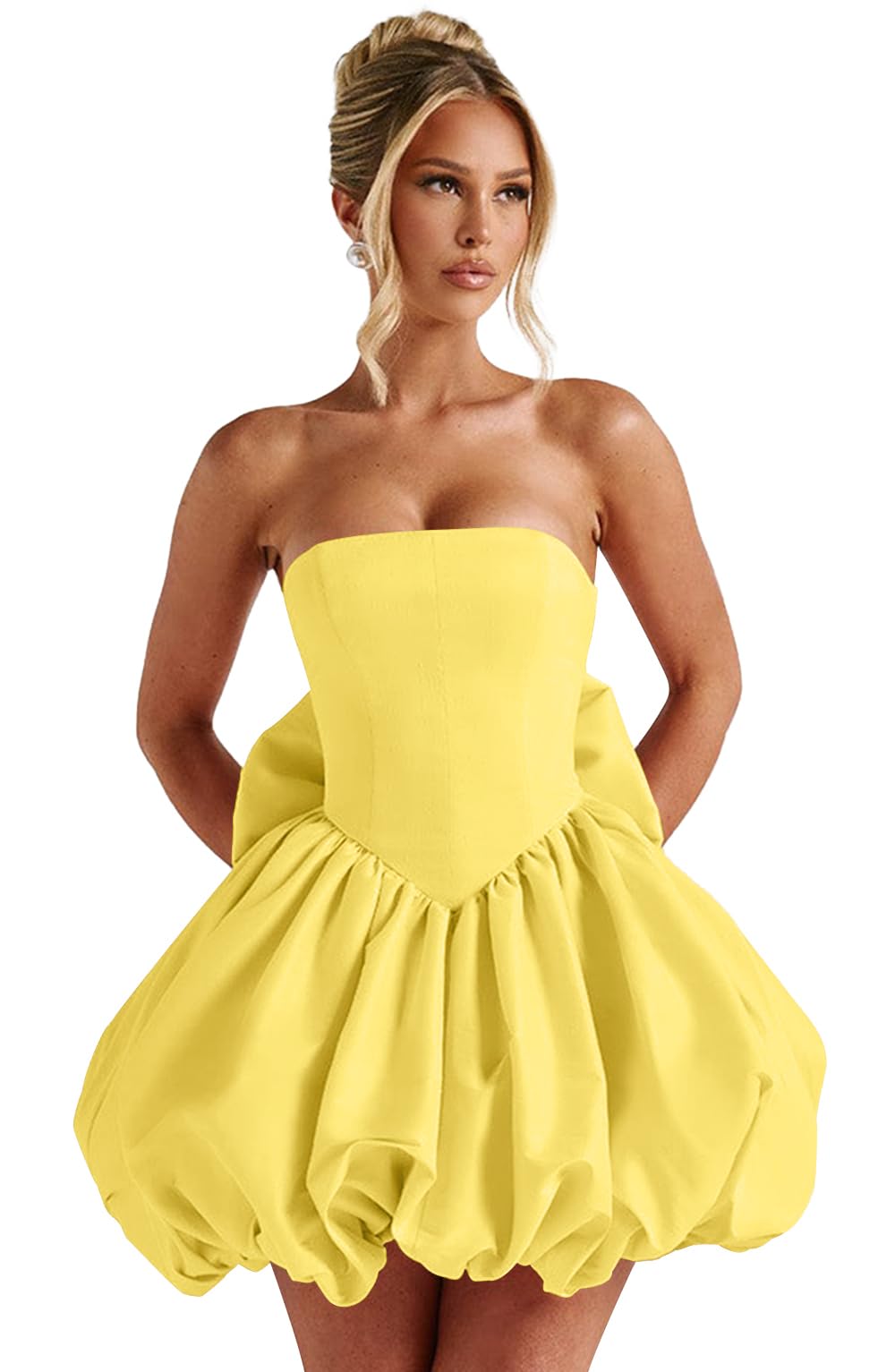Satin Flower Bud Homecoming Dress Short Prom Dress with Bow Strapless A Line Mini Cocktail Party Gown
