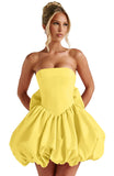 Satin Flower Bud Homecoming Dress Short Prom Dress with Bow Strapless A Line Mini Cocktail Party Gown