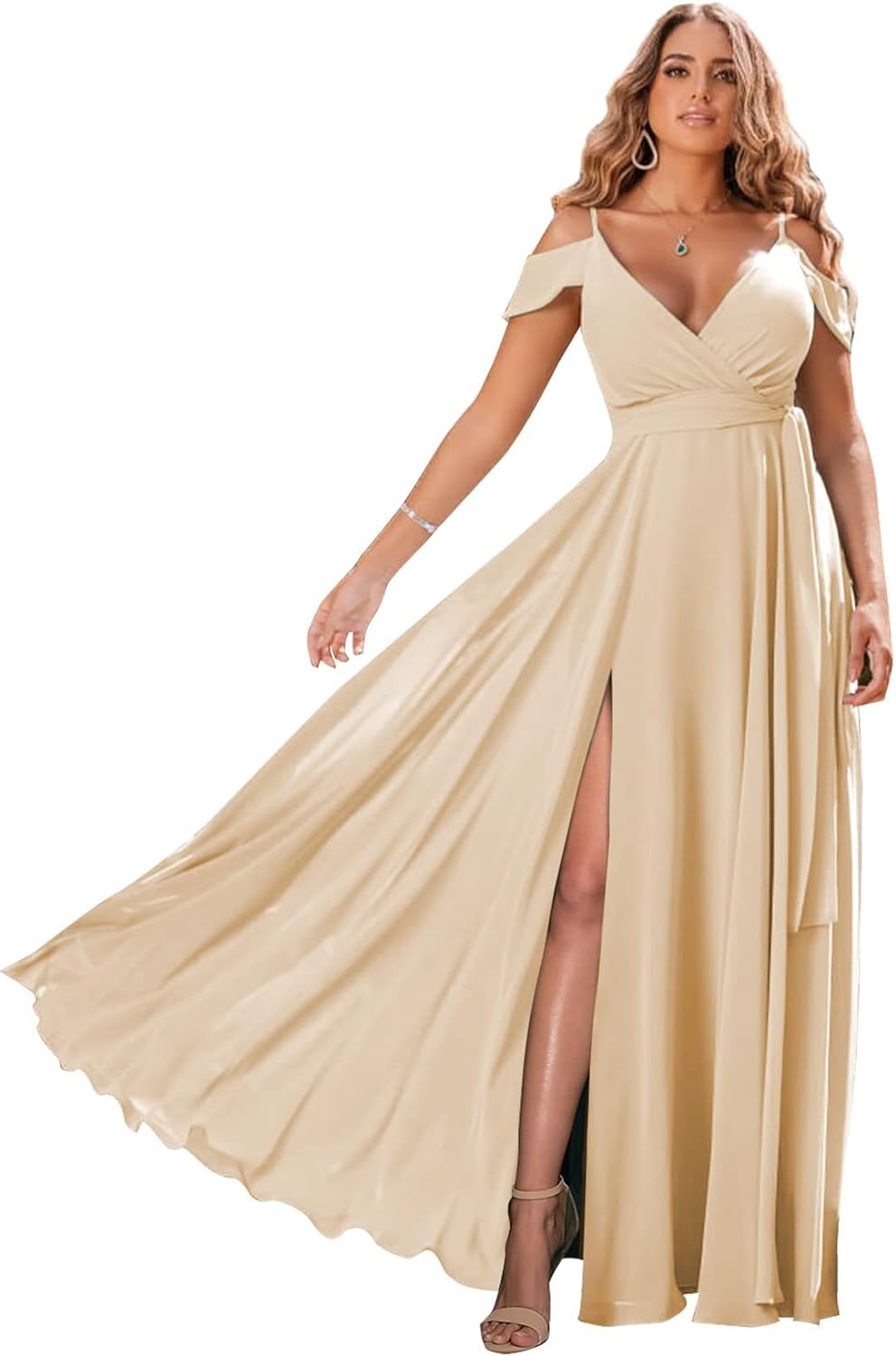 Schulterfreie Brautjungfernkleider 2025 für Frauen, langes Chiffon-Abendkleid mit V-Ausschnitt und Schlitz