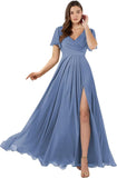 Damen Brautjungfernkleider mit Flatterärmeln, lang, mit Schlitz, V-Ausschnitt, Chiffon, formelle Kleider 
