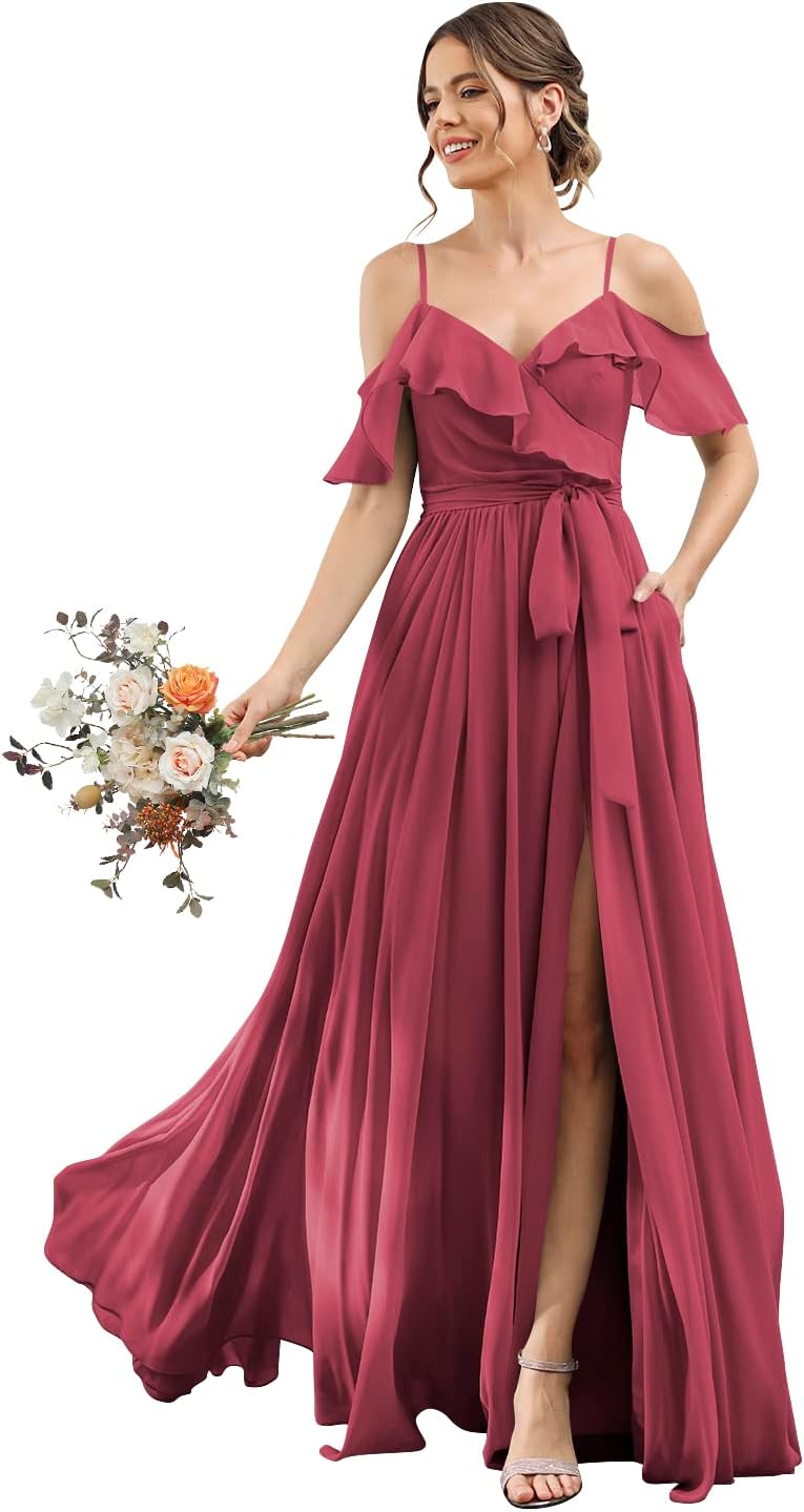Women's Bridesmaid Dresses with Slit Long Cold Shoulder Chiffon Formal Party Dress with Pockets