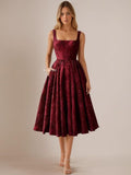 Floral Jacquard Satin Prom Dresses for Women Tea Length Formal Evening Party Dress with Pockets