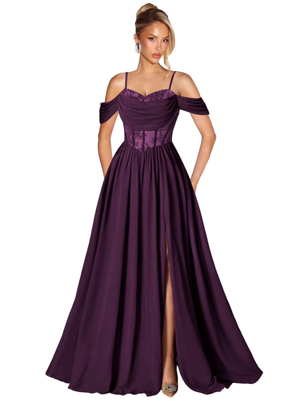 Off Shoulder Lace Applique Prom Dress with Slit A Line Ball Gown Pleated Corset Long Formal Evening Dresses