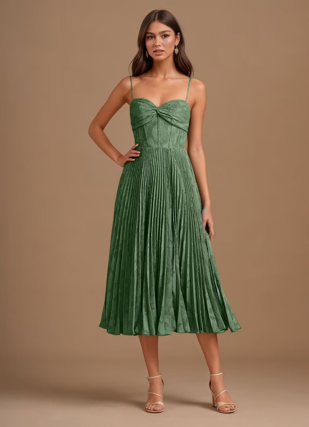 Floral Satin Midi Wedding Guest Dresses Pleated Tea Length Formal Evening Party Gowns