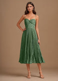 Floral Satin Midi Wedding Guest Dresses Pleated Tea Length Formal Evening Party Gowns