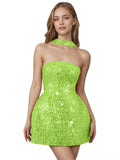 Strapless Sequin Homecoming Dresses for Teens Short Prom Dress Sparkly A-Line Cocktail Party Gowns with Pockets
