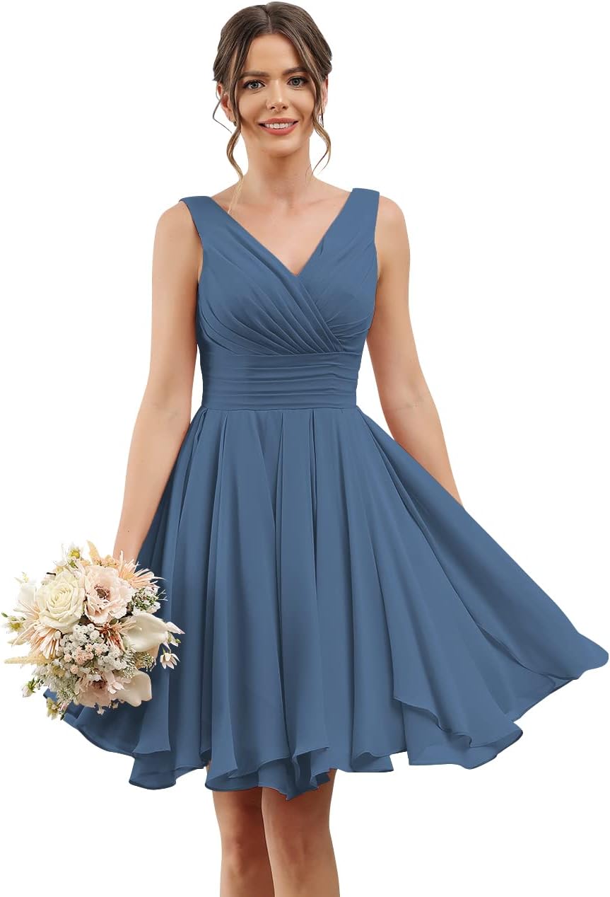 Double V Neck Short Bridesmaid Dresses for Women 2025 Chiffon A Line Formal Evening Gowns with Pockets