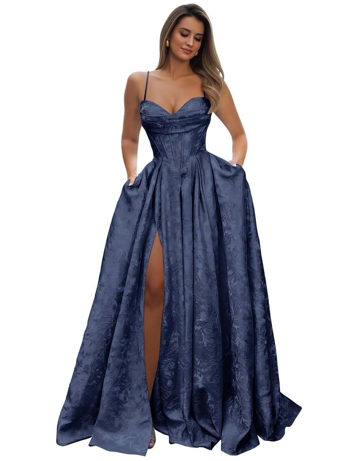 Satin Spaghetti Straps Prom Dresses for Women Jacquard Aline Backless Formal Evening Party Ball Gowns with Pockets