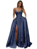 Satin Spaghetti Straps Prom Dresses for Women Jacquard Aline Backless Formal Evening Party Ball Gowns with Pockets