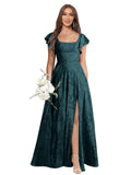 Floral Bridesmaid Dresses for Women Long A-Line Square Neck Lace Formal Evening Gown with Sleeves Slit