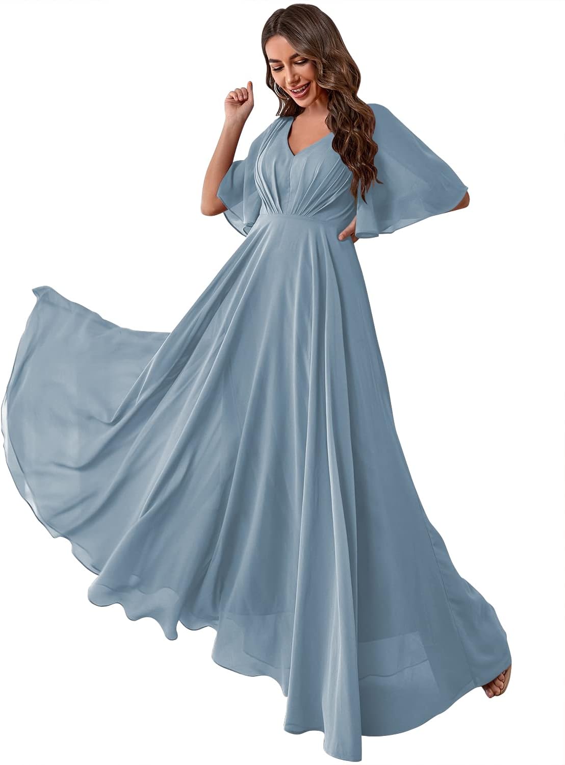 Women's Batwing Sleeve Chiffon Bridesmaid Dresses with Pockets V Neck Long Formal Evening Dress