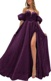 Tulle Prom Dresses for Women 2027 Sparkly Puffy Sleeves Long Ball Gowns with Slit A-Line Evening Dresses