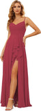 Vestidos de dama de honor largos de gasa con tirantes finos y bolsillos, vestidos formales con volantes y abertura para mujer 