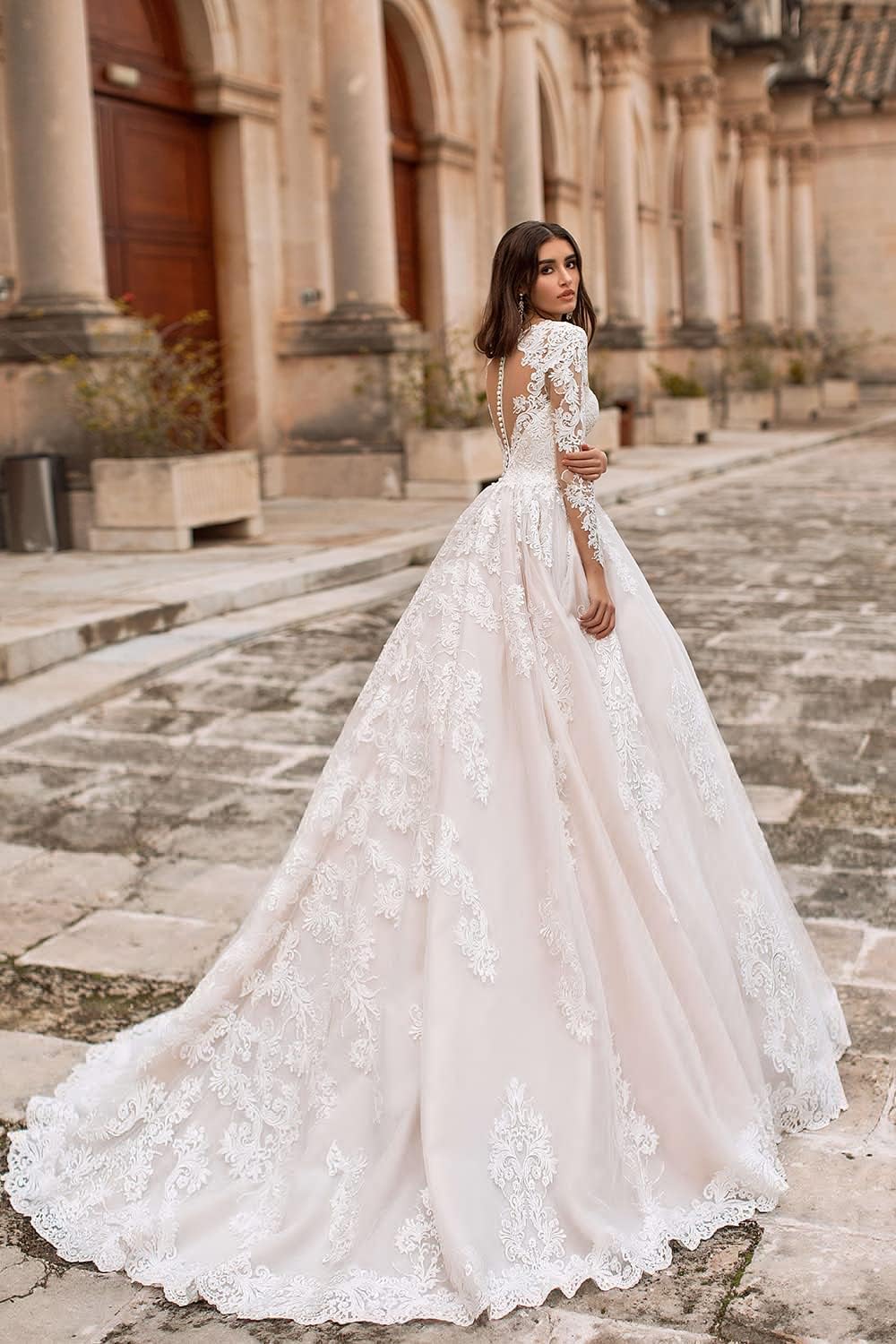 Women's Elegant Lace Beach Wedding Dresses for Bride with Sleeves Wedding Bridal Gowns