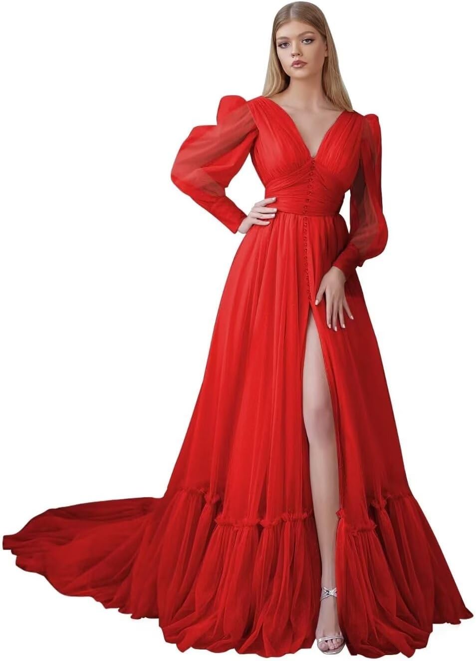 Puffy Sleeve Tulle Prom Dresses Long Ball Gown with Slit for Women 2027 V Neck Long Formal Evening Gowns