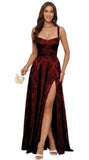 Jacquard Satin Prom Dresses with Slit Spaghetti Straps A Line Maxi Long Formal Dress
