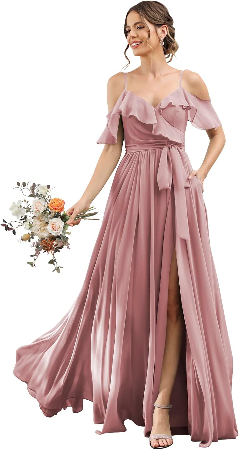 Women's Bridesmaid Dresses with Slit Long Cold Shoulder Chiffon Formal Party Dress with Pockets
