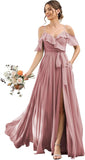 Women's Bridesmaid Dresses with Slit Long Cold Shoulder Chiffon Formal Party Dress with Pockets