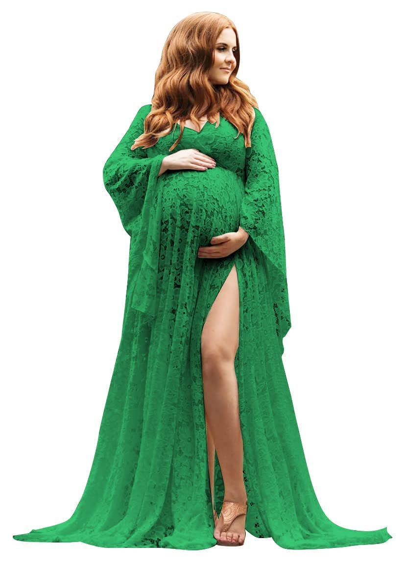 Women's Lace Maternity Dress for Photoshoot Long Puffy Sleeves V Neck Boho Pregnancy Gown for Baby Shower with Slit