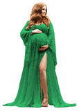 Women's Lace Maternity Dress for Photoshoot Long Puffy Sleeves V Neck Boho Pregnancy Gown for Baby Shower with Slit