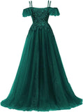Off Shoulder Tulle Ball Gowns for Women Lace Appliques Beaded Prom Dress Sparkly Long A-line Evening Gowns