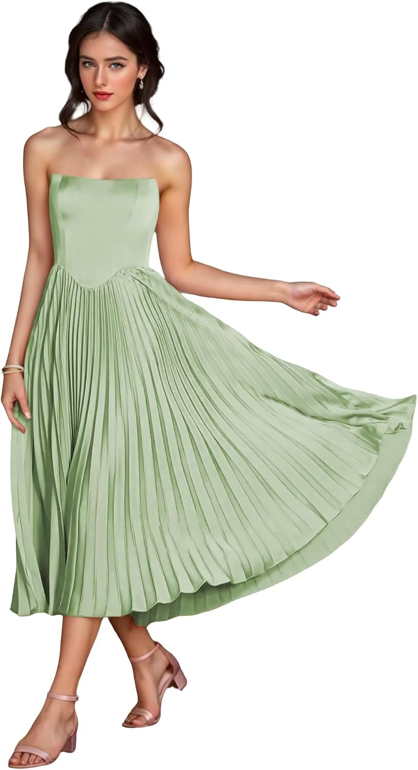 Women's Strapless Bridesmaid Dresses for Womens Tea Length Ruffle Satin Formal Prom Dress