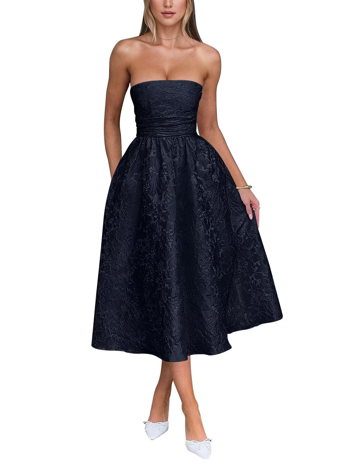 Satin Floral Jacquard Prom Dress for Women Strapless Corset Tea Length Formal Cocktail Evening Gowns