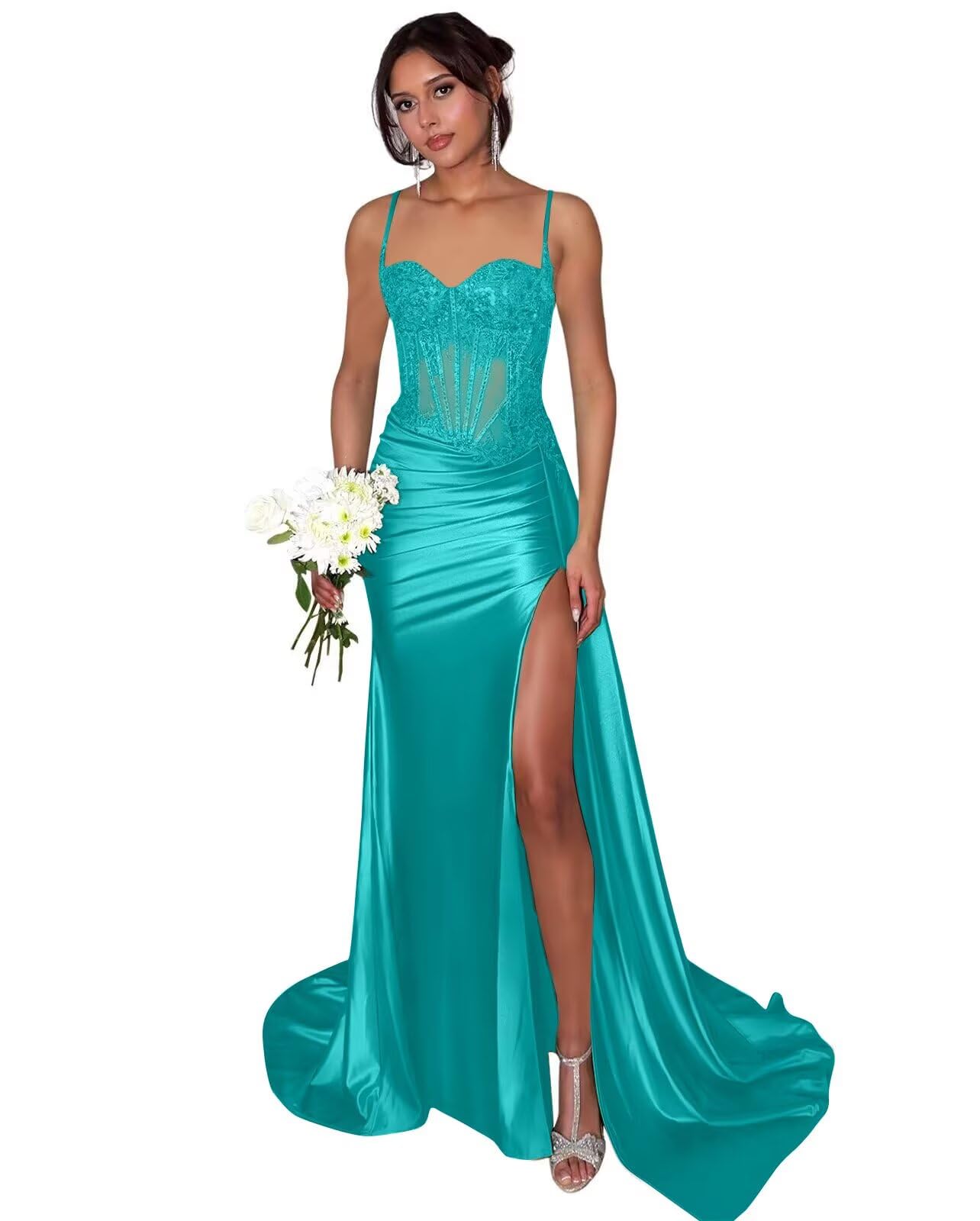 Lace Satin Prom Dresses for Women 2026 Long Mermaid Spaghetti Straps Corset Formal Evening Party Dress with Slit