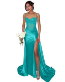 Lace Satin Prom Dresses for Women 2026 Long Mermaid Spaghetti Straps Corset Formal Evening Party Dress with Slit