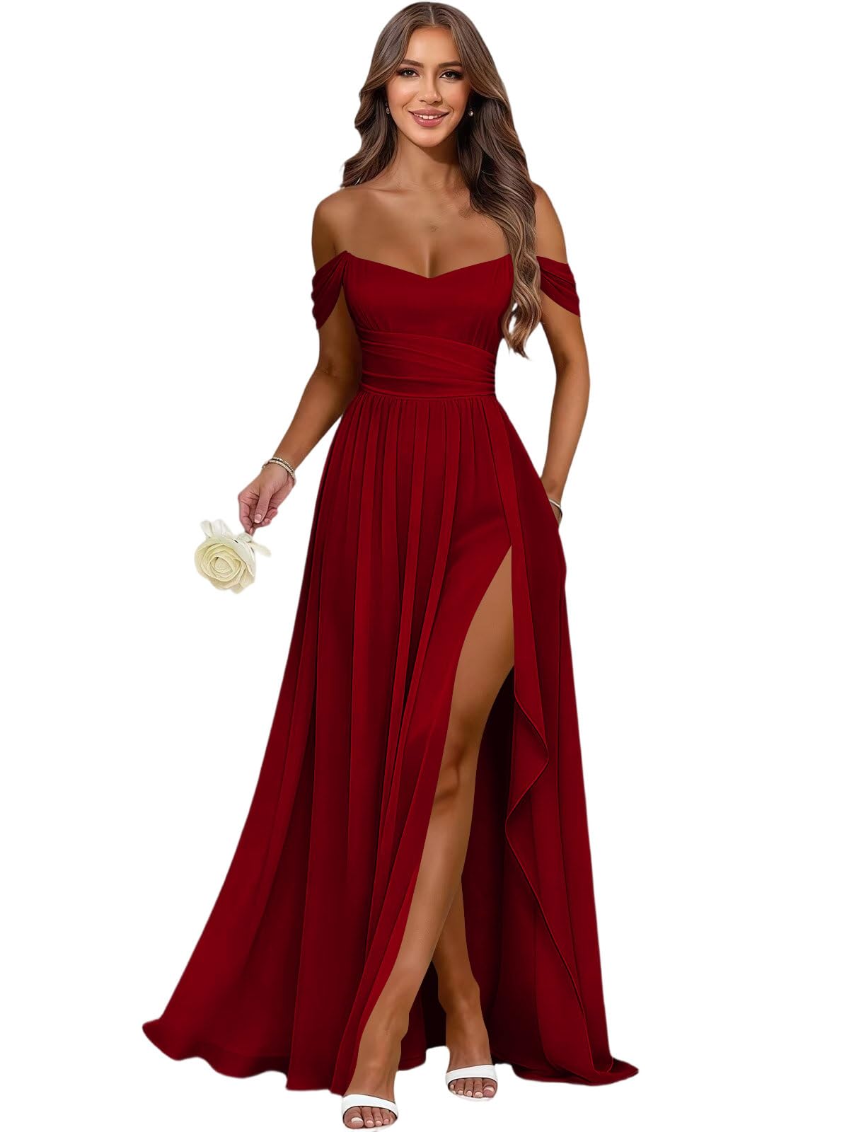 Women's Long Chiffon Bridesmaid Dresses with Slit Off Shoulder A-Line Formal Prom Evening Gown Maxi Wedding Guest Dress