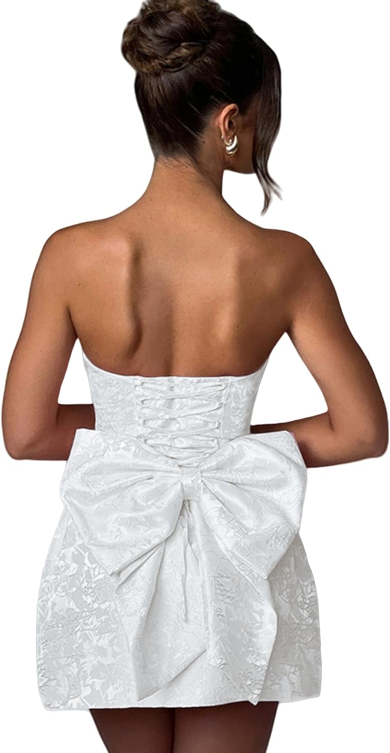 Jacquard Satin Homecoming Dress with Bow Elegant Strapless Mini Dress A Line Short Prom Dresses Party Gown