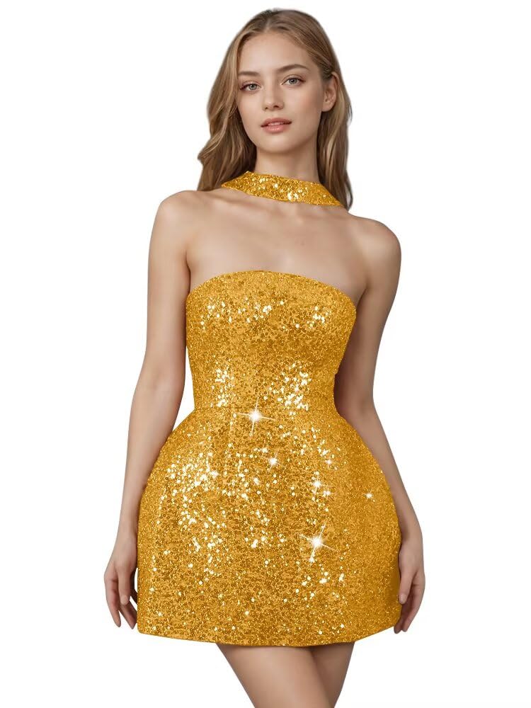 Strapless Sequin Homecoming Dresses for Teens Short Prom Dress Sparkly A-Line Cocktail Party Gowns with Pockets