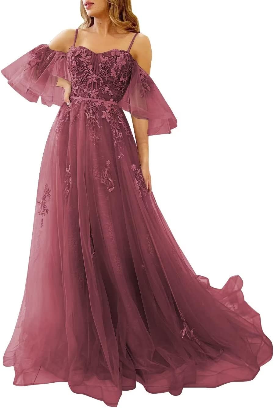 Vestidos de fiesta de tul con hombros descubiertos para adolescentes, vestidos formales con apliques de encaje, vestido de fiesta de noche formal de línea A