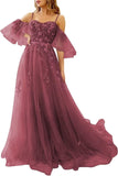 Vestidos de fiesta de tul con hombros descubiertos para adolescentes, vestidos formales con apliques de encaje, vestido de fiesta de noche formal de línea A