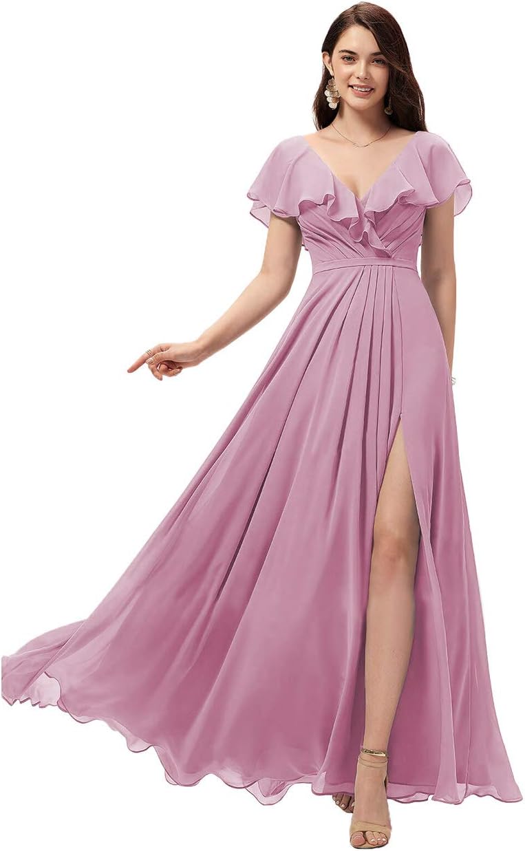 Vestidos de dama de honor largos con escote en V y volantes de gasa para mujer, vestidos de noche formales