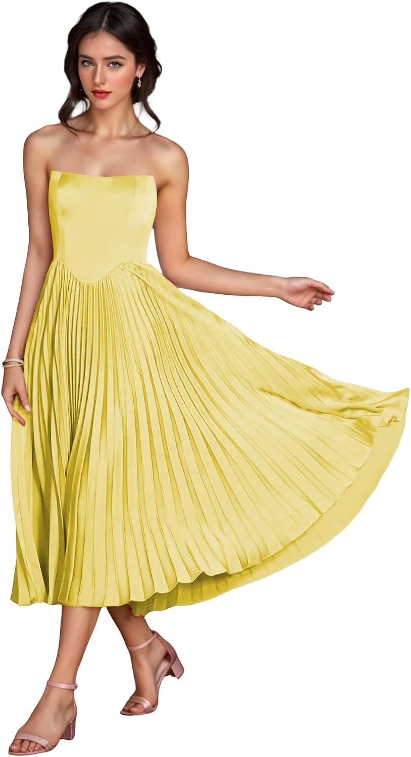 Women's Strapless Bridesmaid Dresses for Womens Tea Length Ruffle Satin Formal Prom Dress