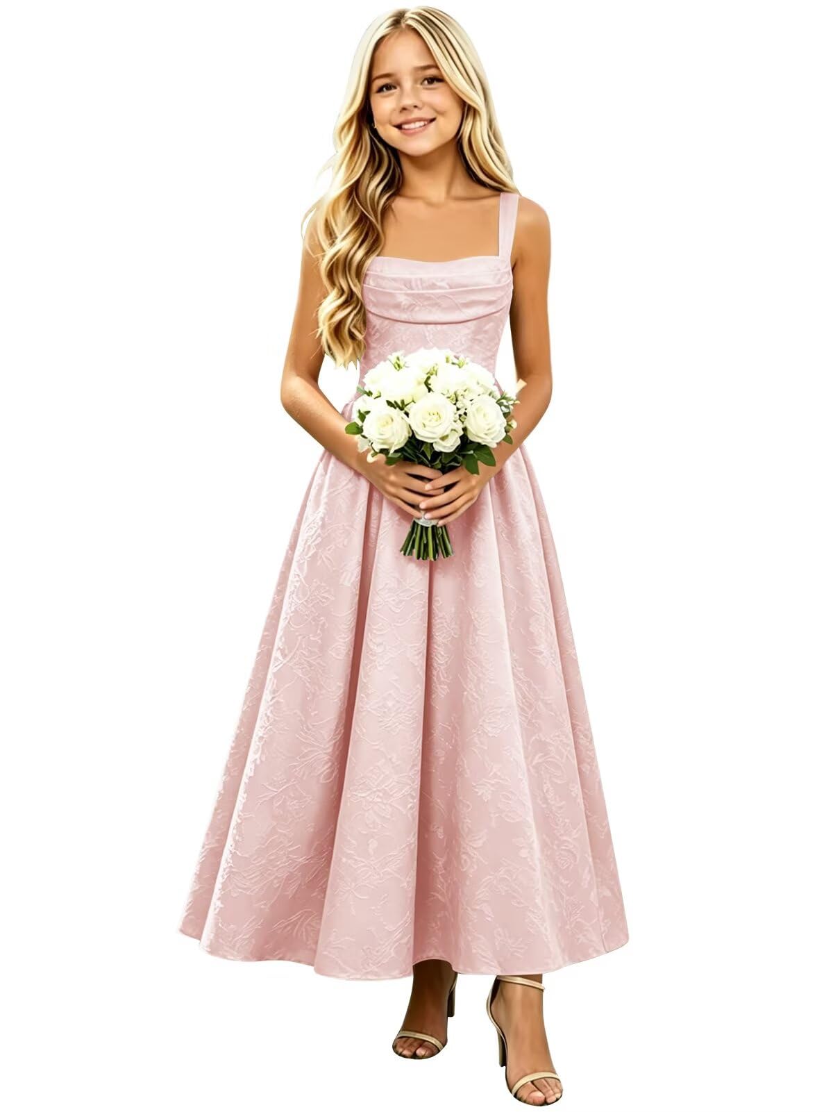 Floral Satin Jacquard Junior Bridesmaid Dresses Long Ruched Flower Girl Dress for Wedding