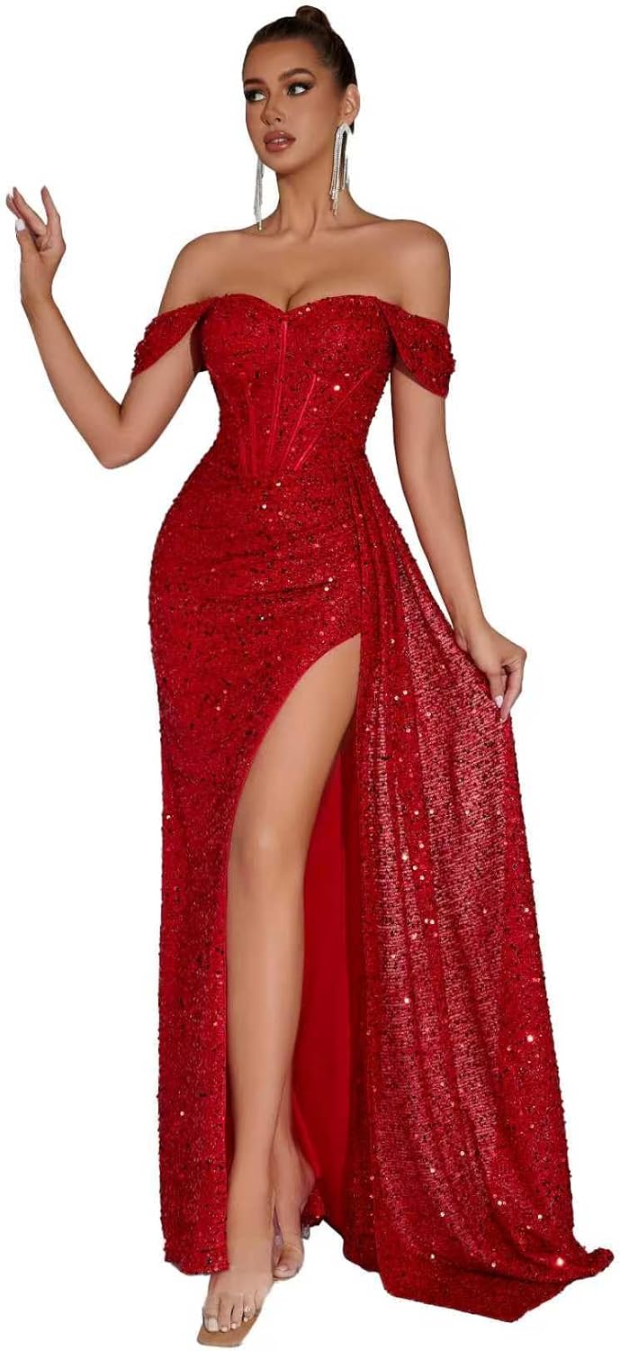 Evening Gowns Formal Dresses for Women Sequin Tulle Wedding Guest Cocktail Party Sexy Off Shoulder Floor Length Prom Dress