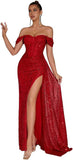 Evening Gowns Formal Dresses for Women Sequin Tulle Wedding Guest Cocktail Party Sexy Off Shoulder Floor Length Prom Dress