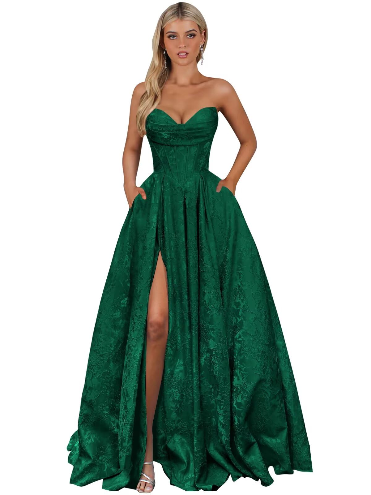 Strapless Jacquard Satin Prom Dresses for Women Corset A Line Long Formal Evening Party Gowns with Slit