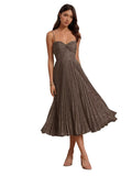 Floral Satin Midi Wedding Guest Dresses Pleated Tea Length Formal Evening Party Gowns