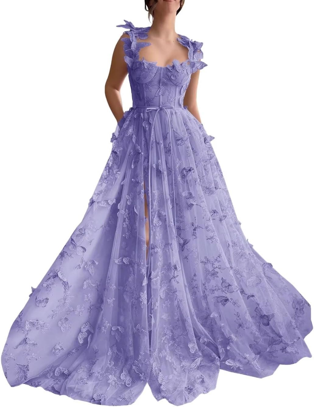 Vestidos de fiesta largos de tul con mariposas 3D para adolescentes, vestidos de fiesta formales de noche bordados con abertura 