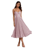 Floral Satin Midi Wedding Guest Dresses Pleated Tea Length Formal Evening Party Gowns