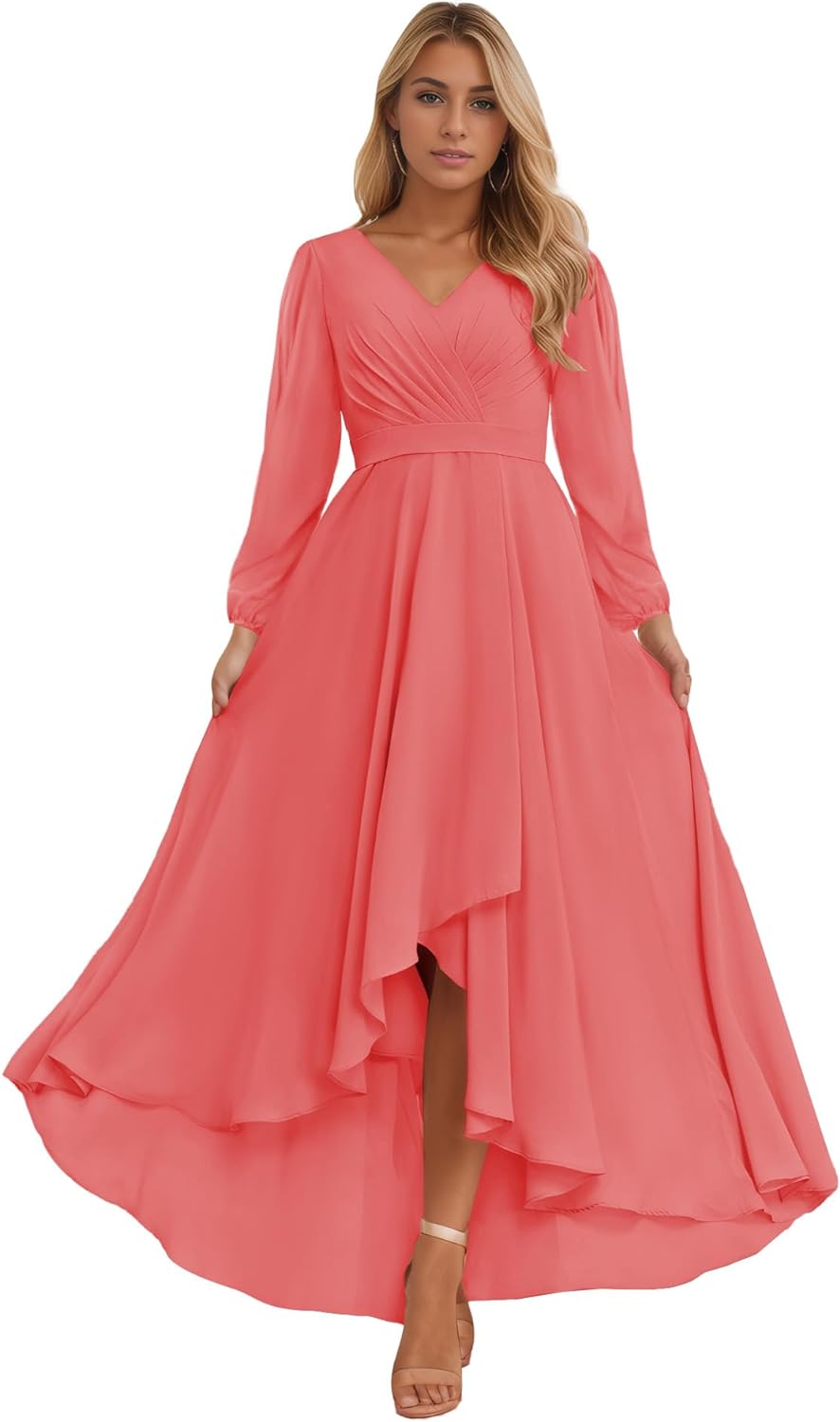 Long Sleeve Bridesmaid Dresses for Women 2025 V Neck Ruched Chiffon Formal Dress
