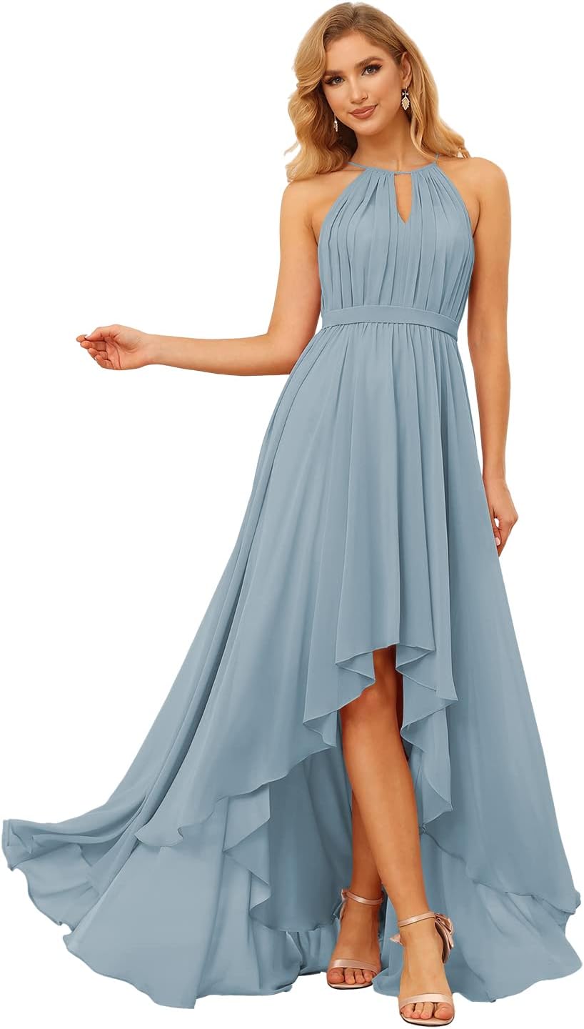 Damen Neckholder Brautjungfernkleider Lang mit Taschen High-Low Falten Formelles Kleid für Hochzeit 