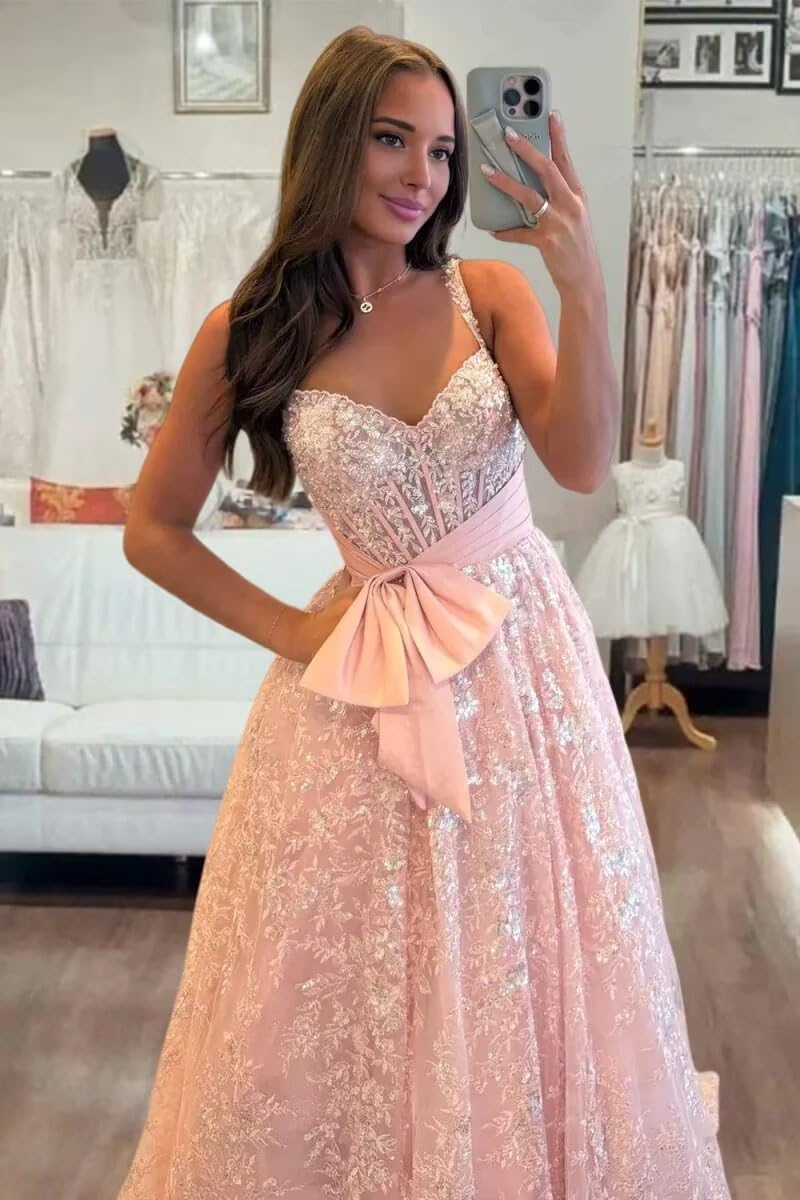 Lace Tulle Prom Dresses with Bow Appliques Corset A Line Long Formal Dress