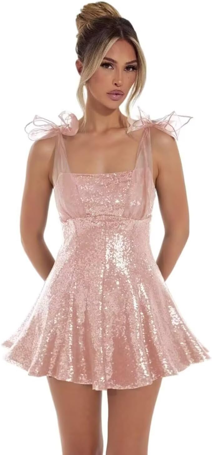 Sparkly Sequin Homecoming Dresses for Teens 2027 Spaghetti Strap Short Prom Dress with Bow Glitter Tulle Cocktail Party Gown